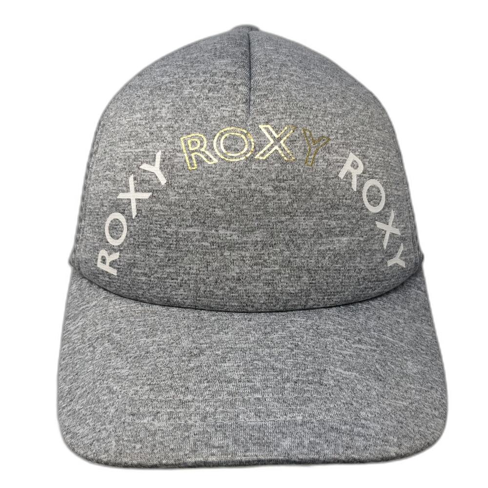 Roxy Trucker Hat Gray One Size Snapback Mesh Polyester Gold White Logo Text